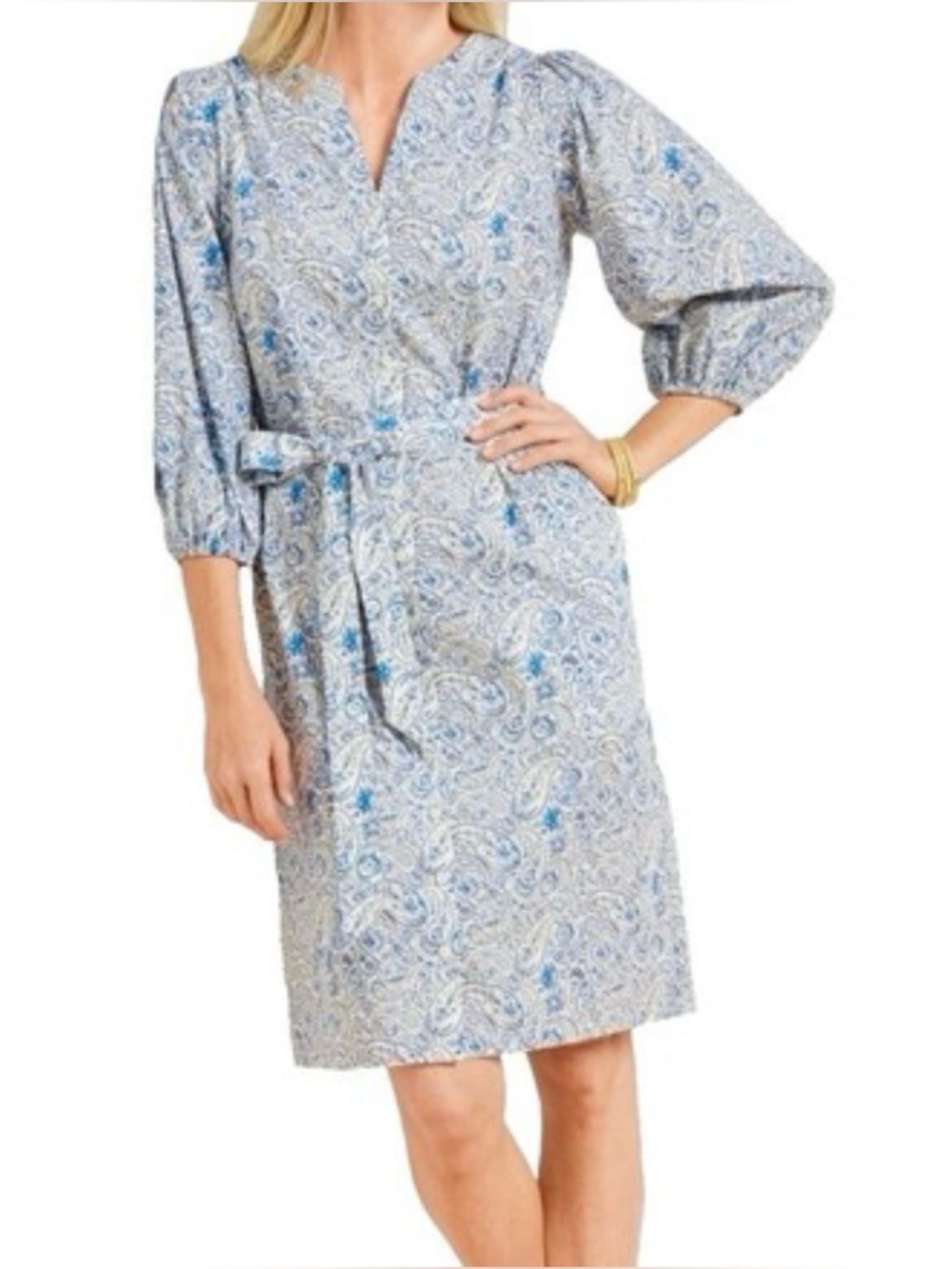 Talbots Women Light Blue Paisley Tie-Waist Midi Dress with White Accents Size 10